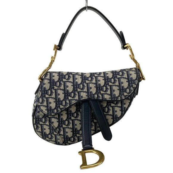 Auth DIOR/ChristianDior Saddle Bag Navy Cream Blue Jacquard Leather Handbag - Picture 1 of 16